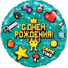 Шар с гелием круг, Пиксели Game Time Майнкрафт, 46 см