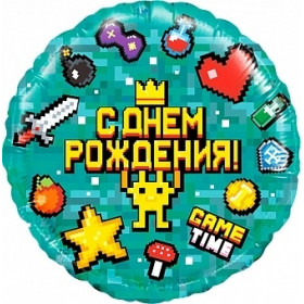 Шар с гелием круг, Пиксели Game Time Майнкрафт, 46 см