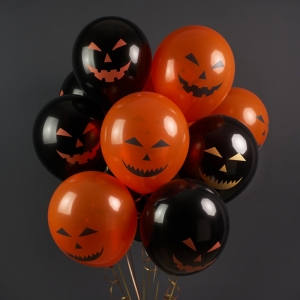 Шар (12''/30 см) Тыквы на Хэллоуин, Черный/Оранжевый, пастель