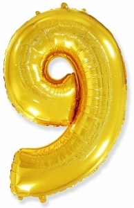 Воздушный шар с гелием цифра 9 золотой 102 см