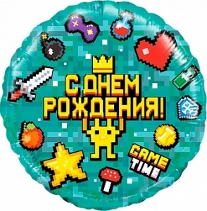 Шар с гелием круг, Пиксели Game Time Майнкрафт, 46 см