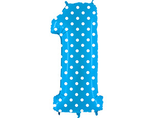 Шар фольга цифра 1, цвет Голубой в белый горошек, размер 102 см